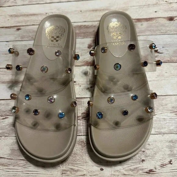 Vince Camuto Slide Sandals Clear Jeweled Size 7.5 Bling Slip On Pool Beach - Picture 3 of 8
